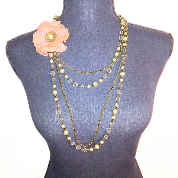 WOMEN'S 4 STRAND PEARL & BEAD NECKLACE W/ PEARL & CRYSTAL PEACH FLOWER - Picture 1 of 4